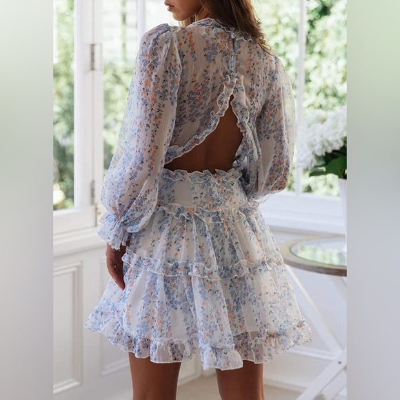 Women Fall Long Sleeve Ruffle Layer Backless Swing Mini Dress NWOT Size M - Picture 1 of 4